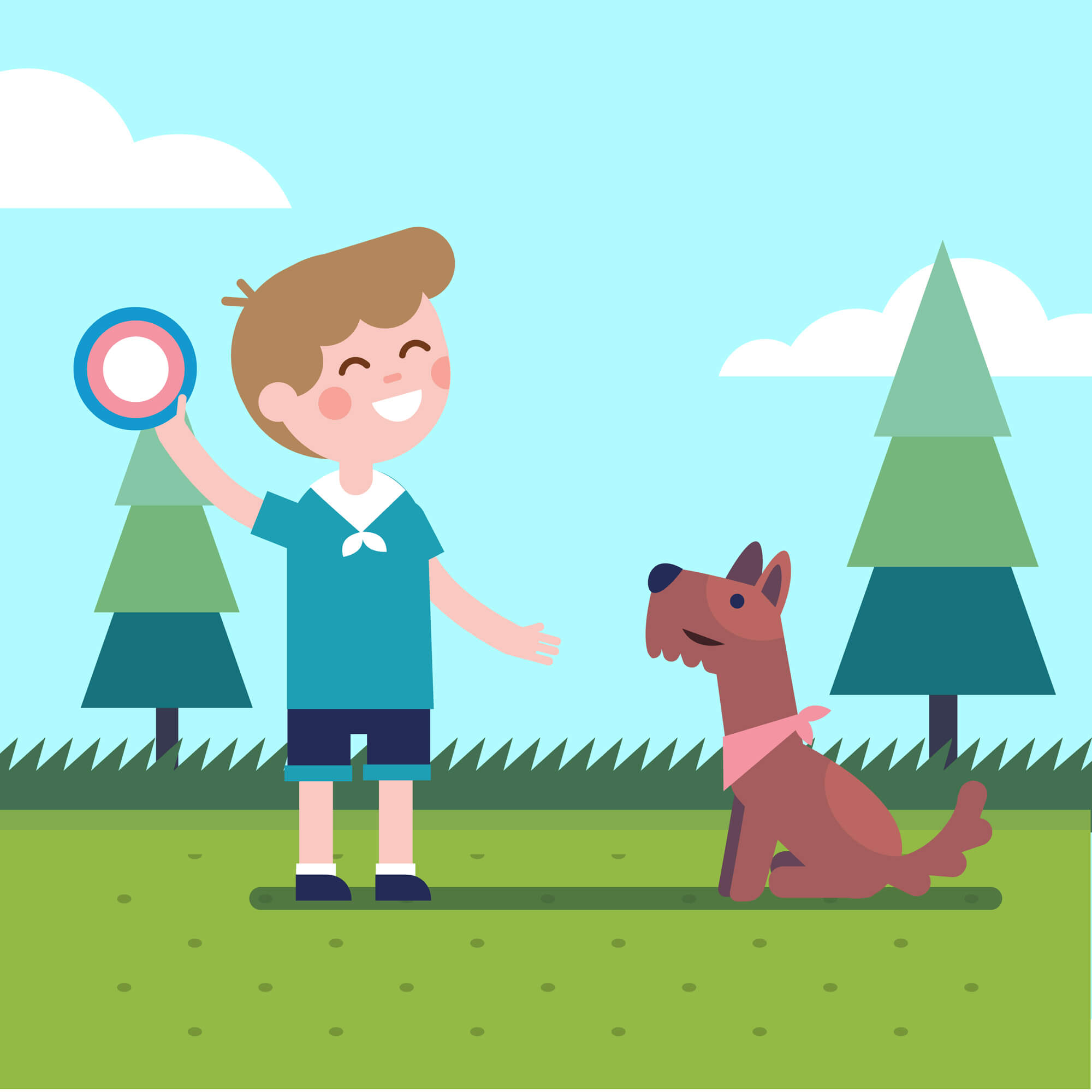 Boy kid playing flying disk trow catch with a dog