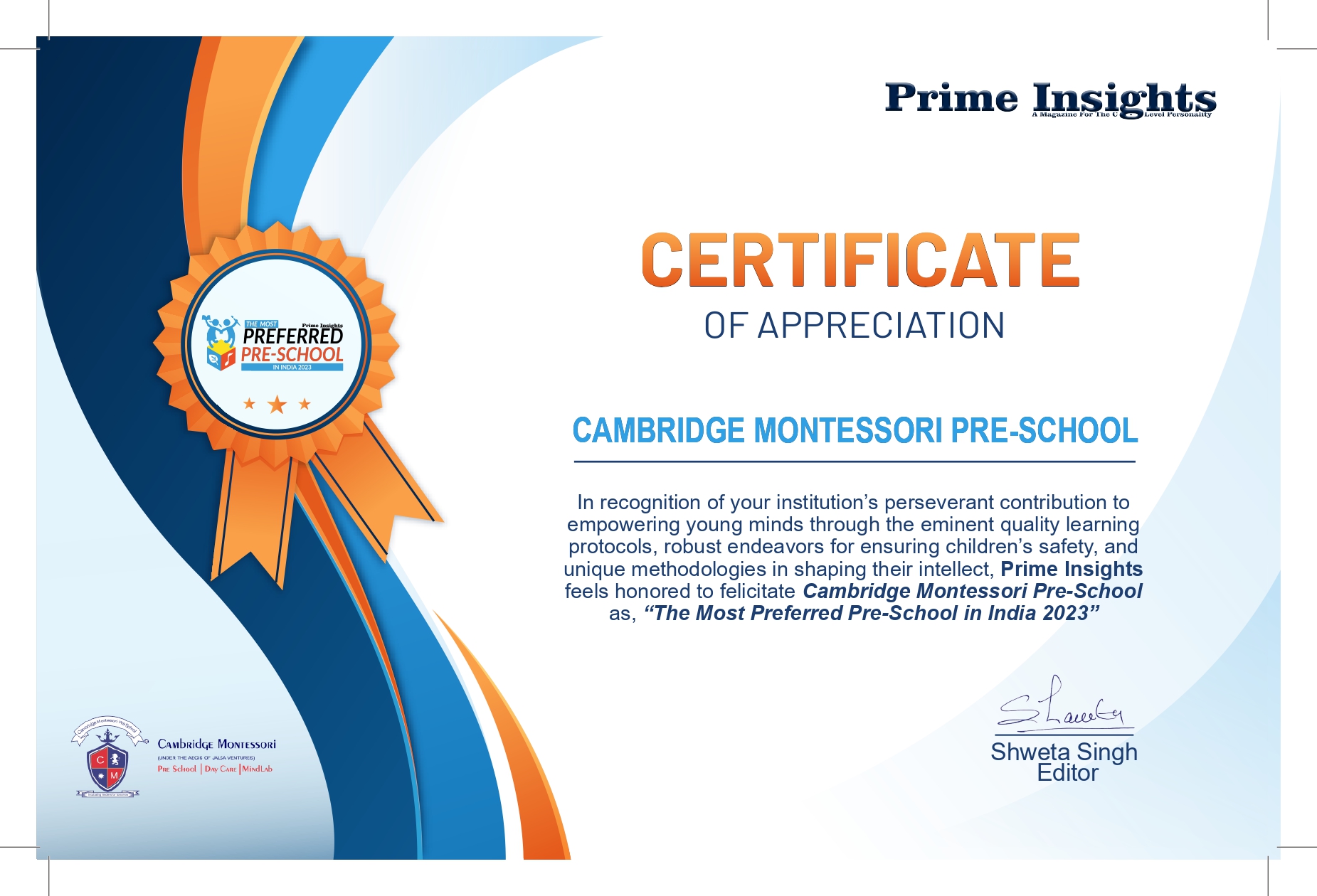 2023 # Certificate - Cambridge Montessori Pre-School